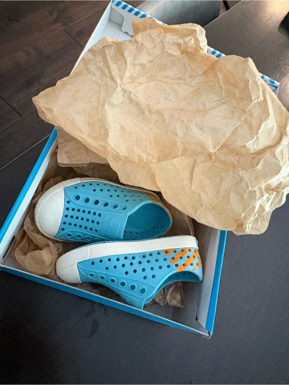 Native Shoes Jefferson Kids Slip-On in Aquamarine with Orange Accent